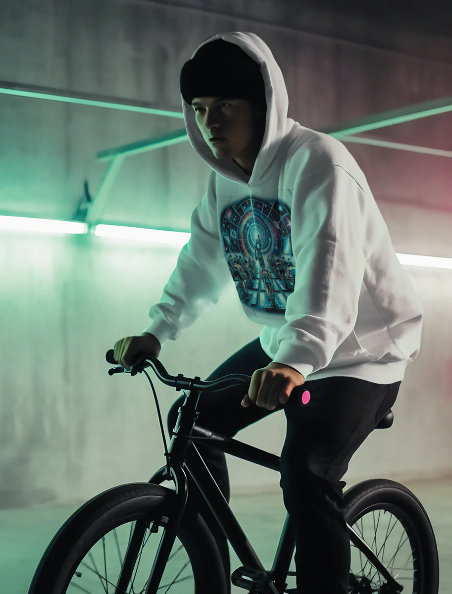 boy on bike wearing white future form hoodie